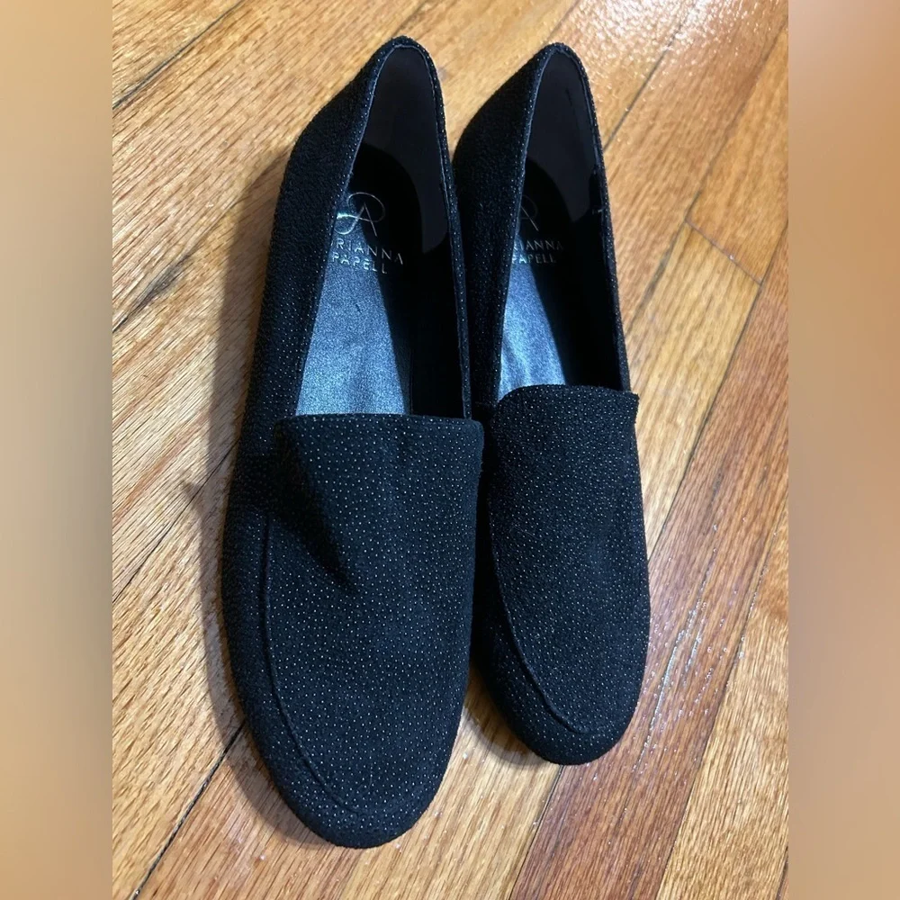 Adrianna Papell ‎ Loafer Black Leather Studded Heel Almond Toe Shoe Size 8